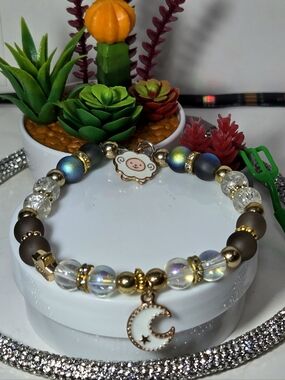 Gold-Tone Crystal Aurora Moon Charm Beaded Bracelet